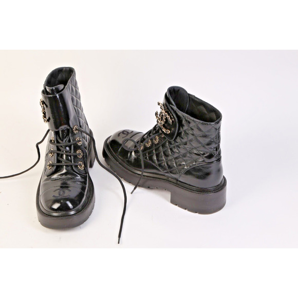 CHANEL Black Logo Quilted Patent Leather Combat Ankle Boots Booties Size 36 - Picture 6 of 14